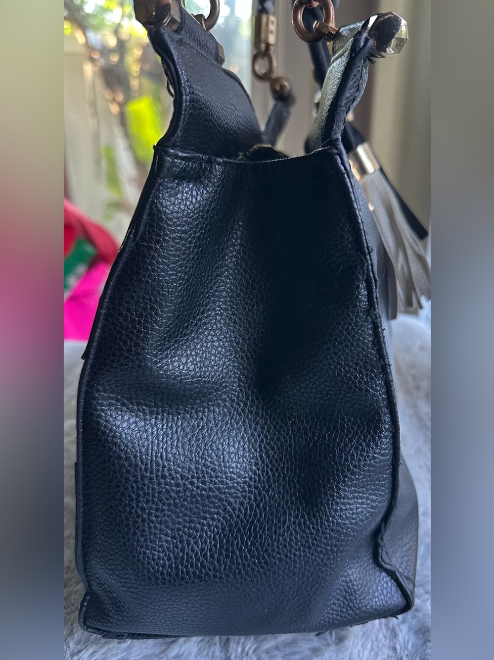 Bebe Natalie Braided Handle Black Faux Leather Satchel - Picture 7 of 13